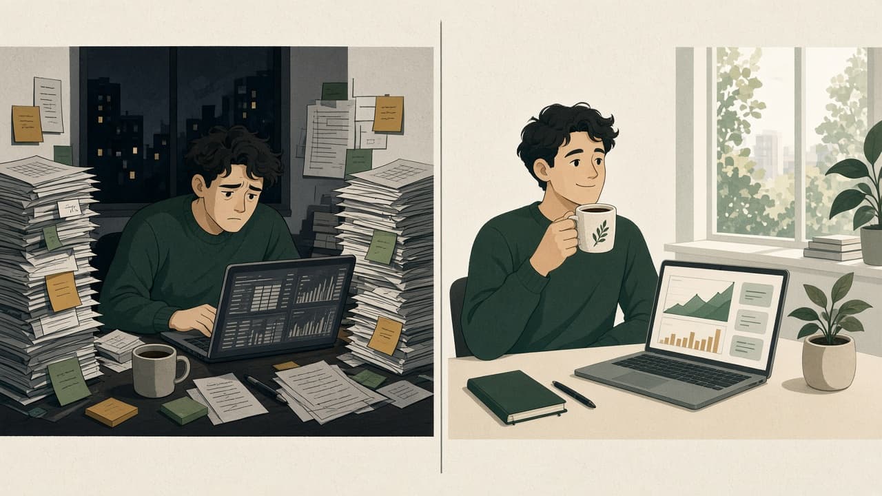Two panels: on the left, a tired marketer works late at night surrounded by stacks of spreadsheets; on the right, the same person relaxes with coffee in front of one simple dashboard.