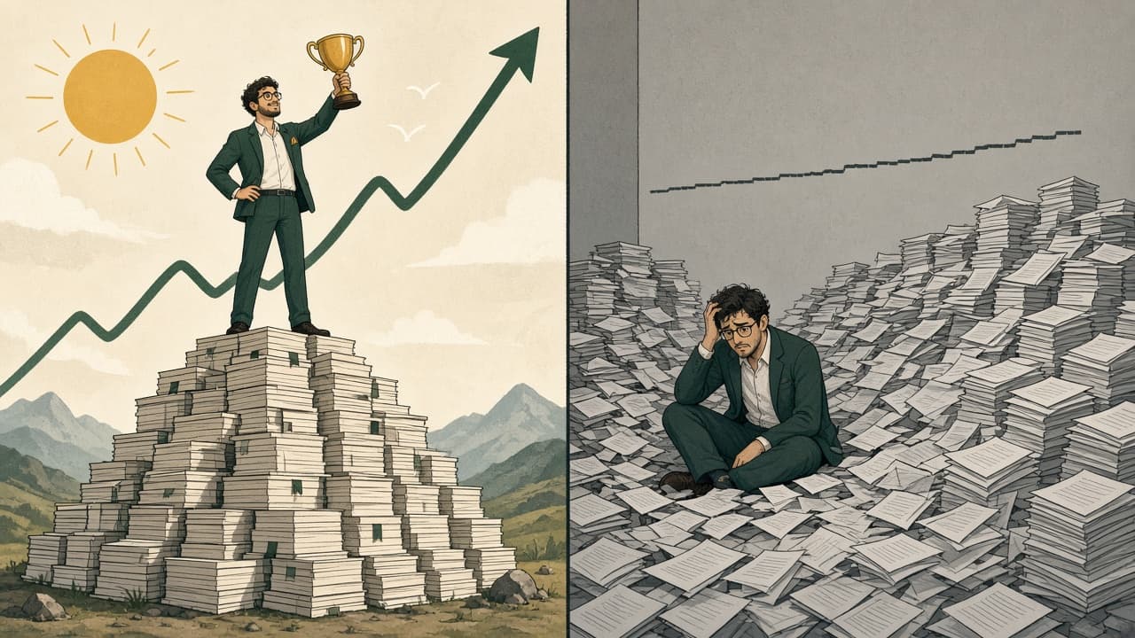 Two panels: on the left, a marketer stands triumphantly on a neat mountain of pages holding a trophy beside a soaring green chart; on the right, the same marketer sits buried in thousands of identical pages in front of a flat chart.